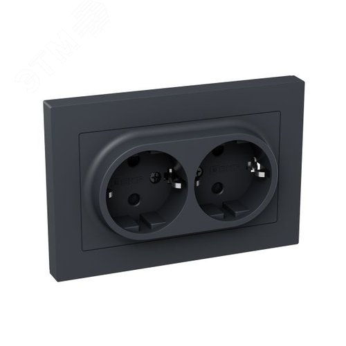 Механизм розетки двойной  16А  с заземлением  со шторками  с рамкой  графит Эпика EKF - фото 2