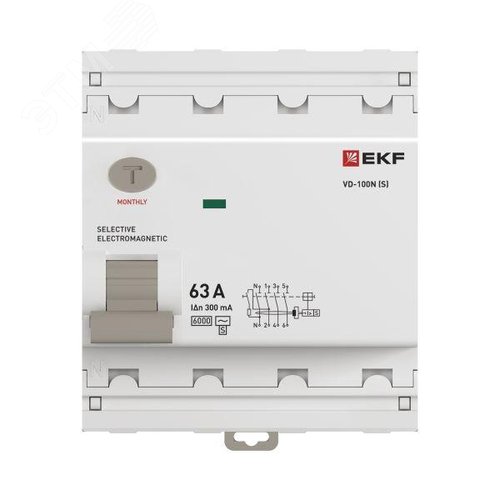 Выключатель дифференциального тока (ВД) четырехполюсный 4P 63А 300mA (AC) эл-мех ВД-100N E1046MS63300 PROXIMA EKF - фото 4