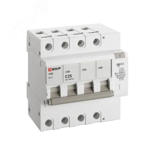 Изображение товара Автомат дифференциальный АД-4 25А/100мА (характеристика C, AC, электронный, защита 270В) 6кА PROxima (шт)