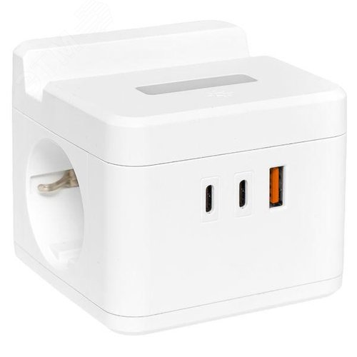 Изображение товара Удлинитель куб 2 гнезда 1USB + 2 Type C с быстрой зарядкой, подставкой под телефон и ночником 1, 3 метра 1 мм2 (шт)