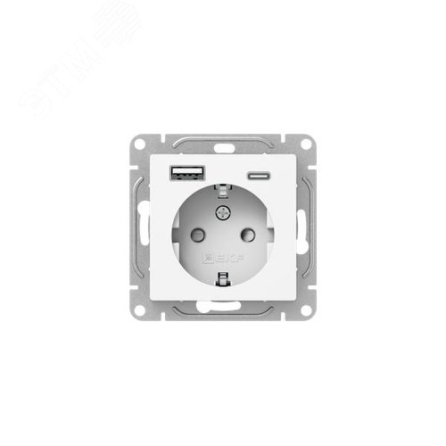 Механизм розетки с USB-A+С - 2шт, 16А, с заземлением, со шторками, белый Эпика EKF - фото 1