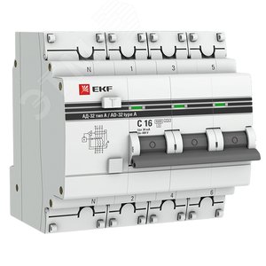 Дифференциальный автомат АД-32 3P+N 16А/30мА (хар. C, A, электронный, защита 270В) 6кА PROxima DA32-6-16-30-4P-a-pro EKF