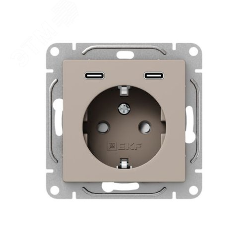 Механизм розетки с USB-C - 2шт  16А  с заземлением  со шторками  кремовый Эпика EKF - фото 1