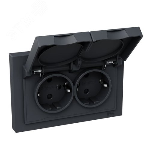 Механизм розетки двойной  16А  IP44  с заземлением  со шторками  с рамкой  с крышками  графит Эпика EKF - фото 2