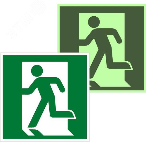 Изображение товара Знак эвакуационный E 01-01 ''Выход здесь'' (левосторонний) 200х200 мм, металл с покрытием фотолюминесцентным ГОСТ Р 12.4.026-2001 (шт)