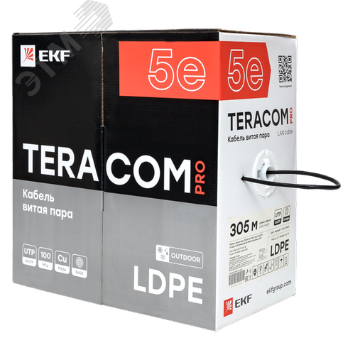 Витая пара TERACOM PRO 5E U/UTP 4 пары solid OUT 24AWG LDPE черный 305м - фото 4
