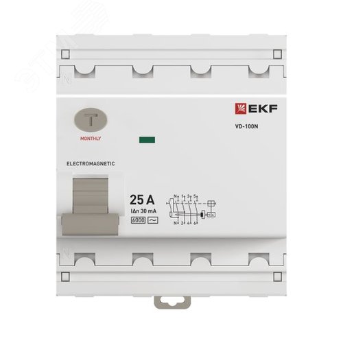Выключатель дифференциального тока (ВД) четырехполюсный 4P 25А 30mA (AC) эл-мех ВД-100N E1046M2530 PROXIMA EKF - фото 4