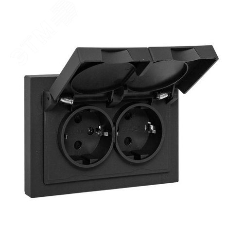 Эпика Механизм розетки двойной 16А IP44 с заземлением со шторками с рамкой с крышками черный EKF - фото 3