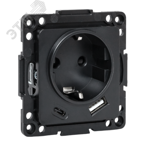 Стокгольм Механизм Розетки 1-местной с/з, USB A+C 16А винтовые клеммы черный с защ. штор. EKF - фото 1