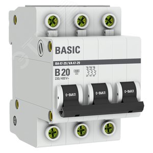 Автоматический выключатель 3P 20А (B) 4,5кА ВА 47-29 Basic mcb4729-3-20-B EKF