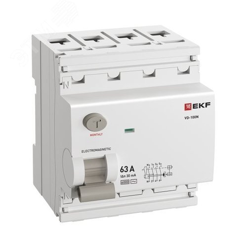 Выключатель дифференциального тока (ВД) четырехполюсный 4P 63А 30mA (AC) эл-мех ВД-100N E1046M6330 PROXIMA EKF - фото 2