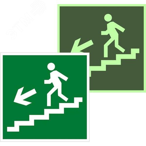 Изображение товара Знак эвакуационный E 14 ''Направление к эвакуационному выходу по лестнице вниз налево'' 200х200 мм, пластик самоклеящаяся с фотолюминесцентным покрытием ГОСТ Р 12 .4.026-2001 (шт)