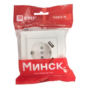 Розетка Минск 1-местная СП с заземлением 16А белая с защитными шторками с 2 USB 2,1А ERR16-028-100-2USB EKF - 2