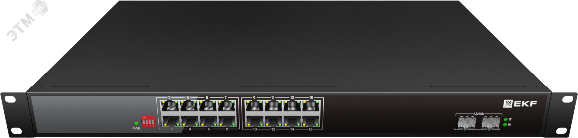 Изображение товара Коммутатор промышленный неуправляемый U-2GX/SFP-16GTP-R, 2 порта 1000Base-X SFP, 16 портов 10/100/1000Base-T(X) RJ45 c PoE, монтаж в 19'' стойку TSX EKF (шт)