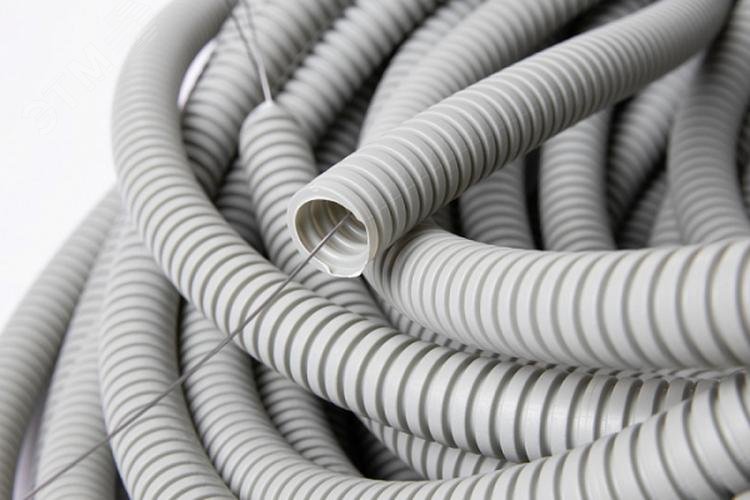 Изображение товара Труба ПВХ гибкая гофрированная, легкая с протяжкой, 20 мм, RAL7035 (м)