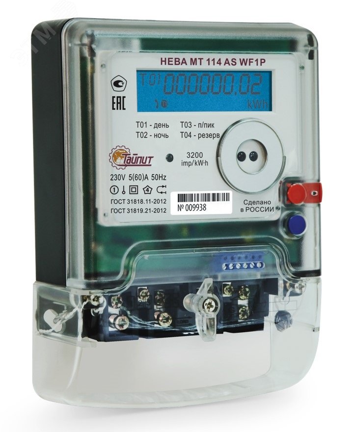 Счётчик электроэнергии однофазный НЕВА МТ 114 AS WF1P 5(60)A 78 регион 3-х тарифная модификация модели 6141063 Тайпит - превью 2