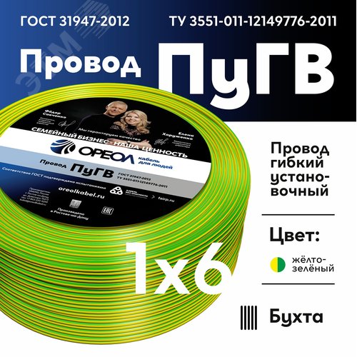 Провод силовой ПУГВ 1х6желто-зеленый ТРТС - фото 2