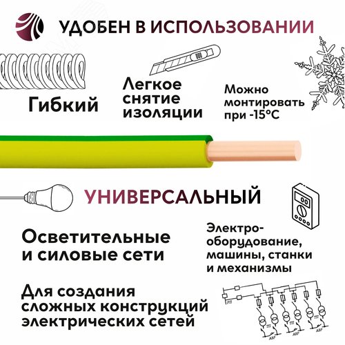 Провод силовой ПУВ 1х2.5желто-зеленый ТРТС - фото 6
