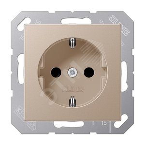 Изображение товара Штепсельная розетка SCHUKO одинарная, с заземлением, без шторок, 16A, 250В (механизм + накладка, без рамки). Серия A500 Материал- дуропласт Цвет- шампань (шт)