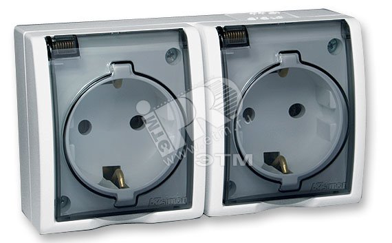 Изображение товара Розетка силовая двойная 15 Aqua Schuko IP54 белая с крышками и винтовым зажимом