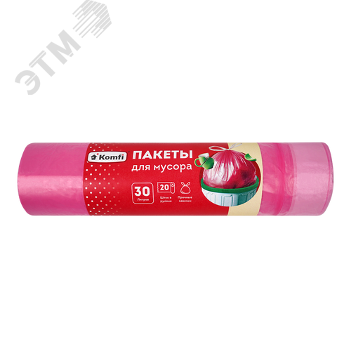 Изображение товара Мешки для мусора ПНД с завязками 30л, 20шт, в рулоне, розовые, Komfi (рул)
