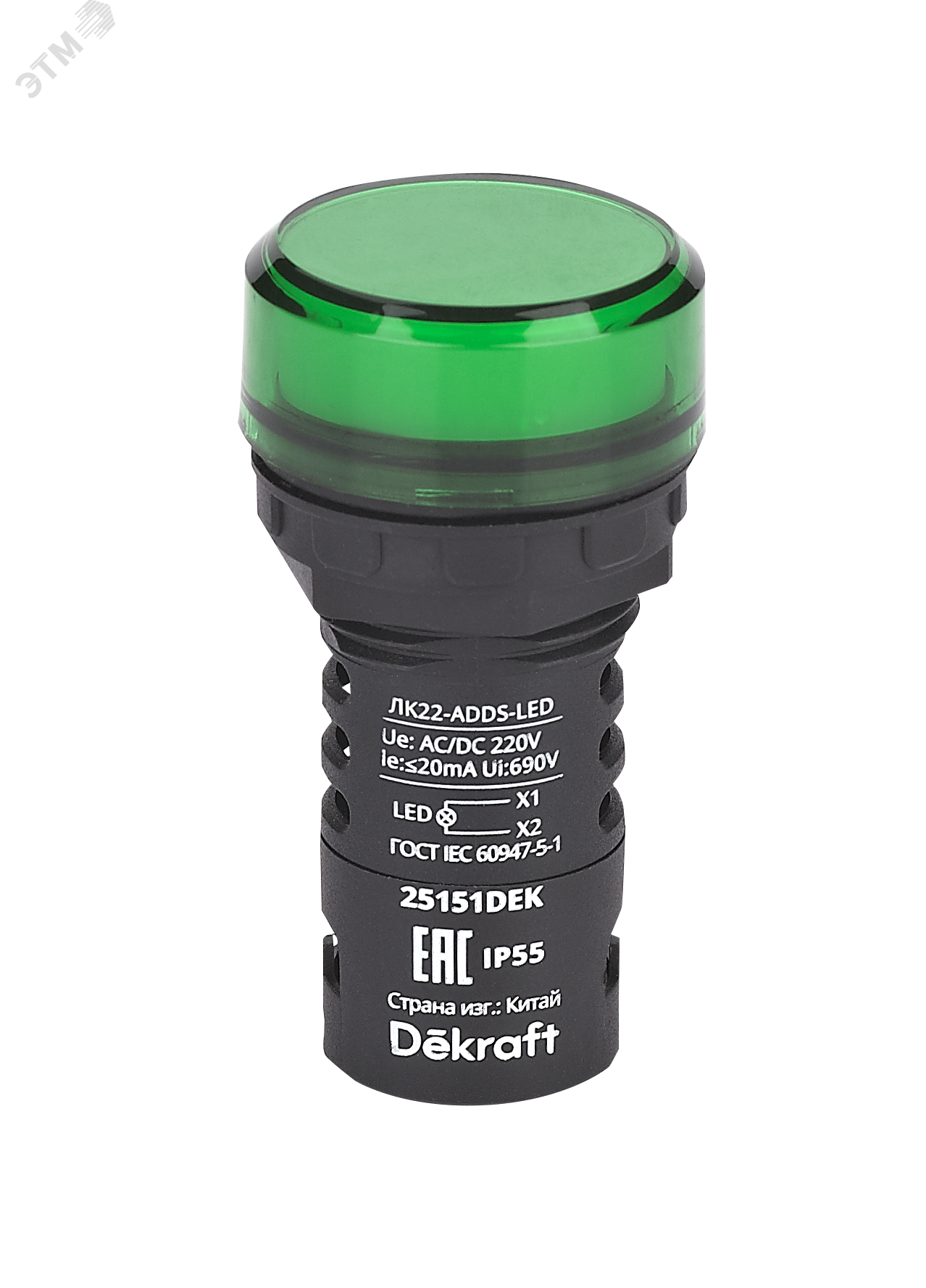 Изображение товара Лампа коммутационная ADDS D22 LED зеленая 220В AC/DC ЛK-22 IP55 (шт)