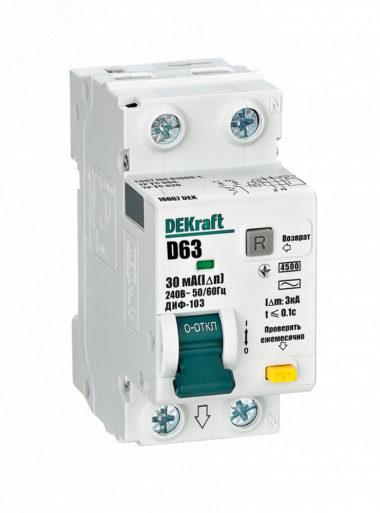Выключатель автоматический дифференциального тока 1Р+N 63А 30мА тип AC D ДИФ-103 4.5кА
