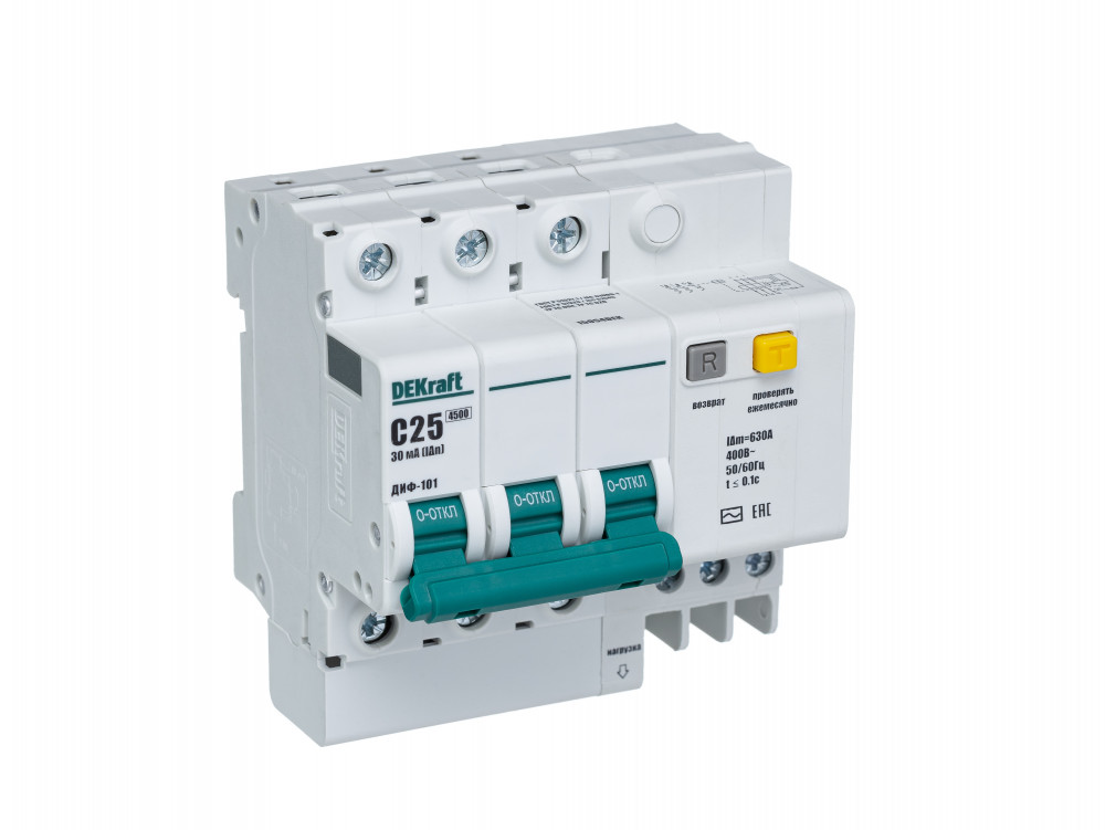 Автоматический выключатель дифференциального тока АВДТ встроенная защита от сверхтоков 3Р 25А 30мА AC С ДИФ-101