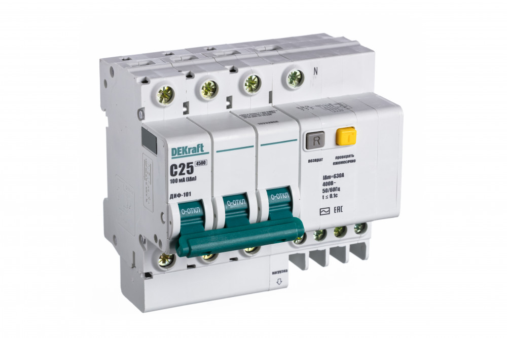 Автоматический выключатель дифференциального тока АВДТ встроенная защита от сверхтоков 3P+N 25А 100мА AC С ДИФ-101