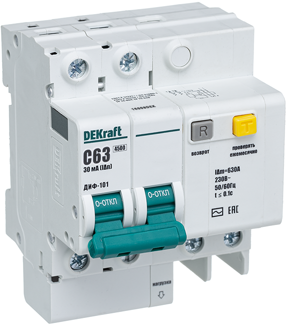 Выключатель автоматический дифференциальный (Автоматический выключатель дифференциального тока АВДТ) 2п 60А 30мА тип AC С 4.5кА ДИФ-101