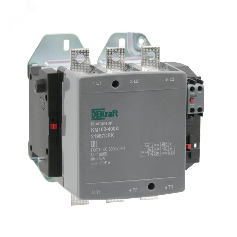 Изображение товара Контактор 400А 220В AC3 AC4 1НО+1НЗ КМ-102 Dekraft
