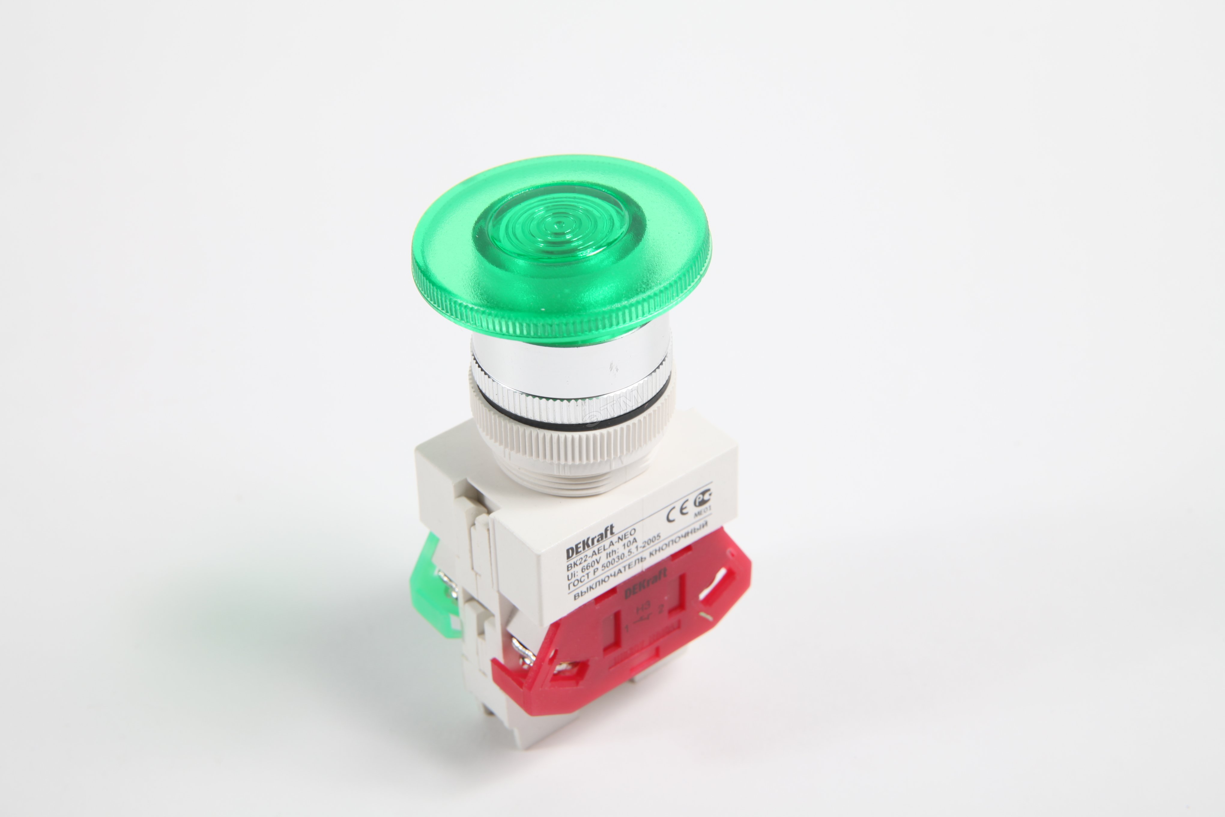 Изображение товара Выключатель кнопочный ВK-22 AELA диам. 22мм грибовидный зеленый неон 220В (шт)