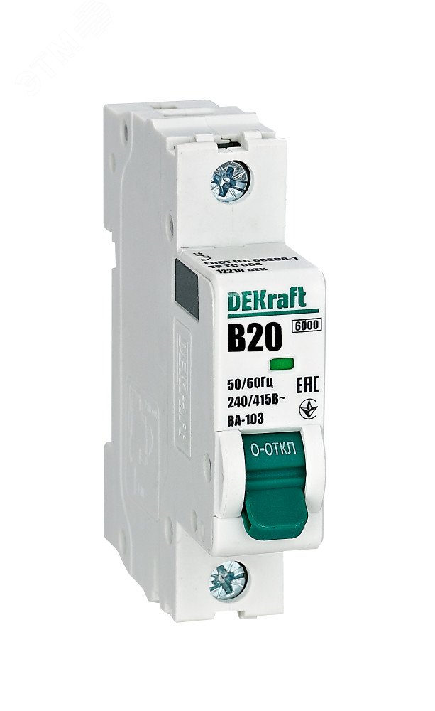 Изображение товара Автоматический выключатель ВА-103 NEW Dekraft 20А B 6 кА для DIN-рейки