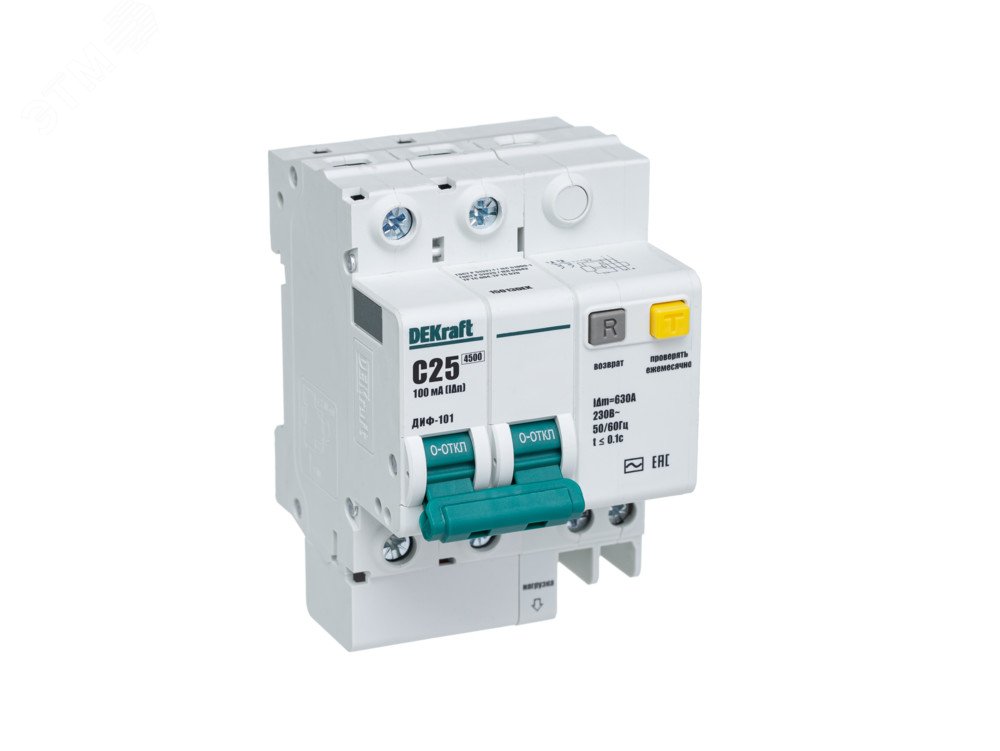 Изображение товара Автоматический выключатель дифференциальный 25А 100мА серии ДИФ-101 DEKraft 2P