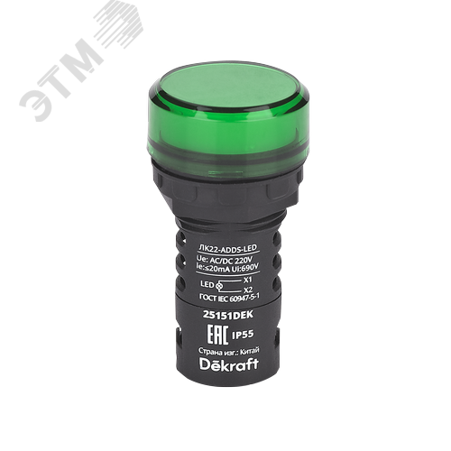 Изображение товара Лампа коммутационная ADDS D22 LED зеленая 220В AC/DC ЛK-22 IP55 (шт)