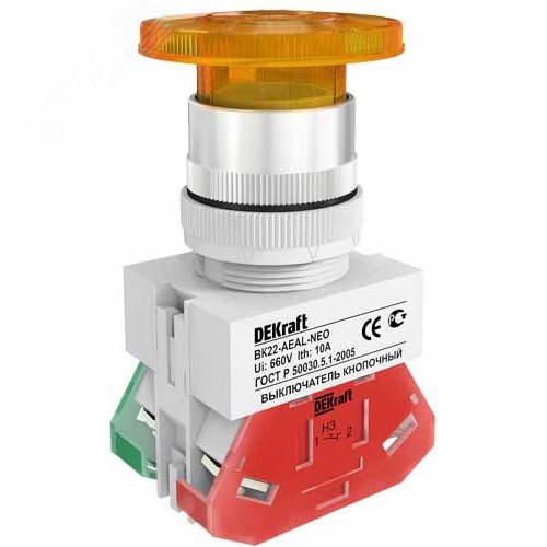 Выключатель кнопочный ВK-22 AELA диам. 22мм грибовидный желтый неон 220В - фото 1