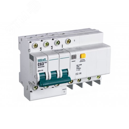 Изображение товара Автоматический выключатель дифференциального тока АВДТ встроенная защита от сверхтоков 3P+N 63А 100мА AC С ДИФ-101 (шт)