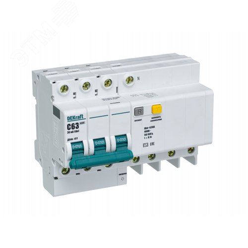 Изображение товара Автоматический выключатель дифференциального тока АВДТ встроенная защита от сверхтоков 3P+N 63А 30мА AC С ДИФ-101 (шт)