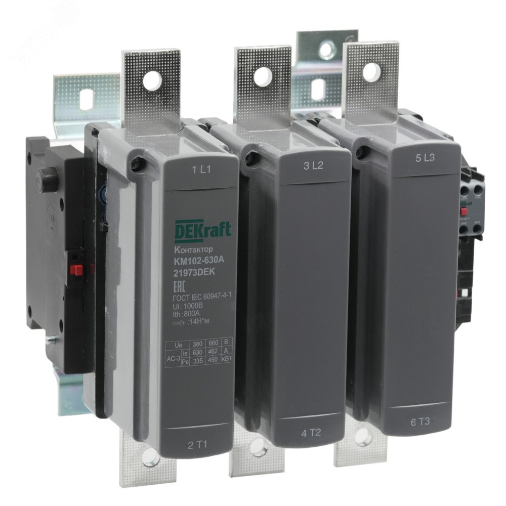 Изображение товара Контактор 630А 220В АС3 АС4 КМ-102 Dekraft для промышленных нагрузок
