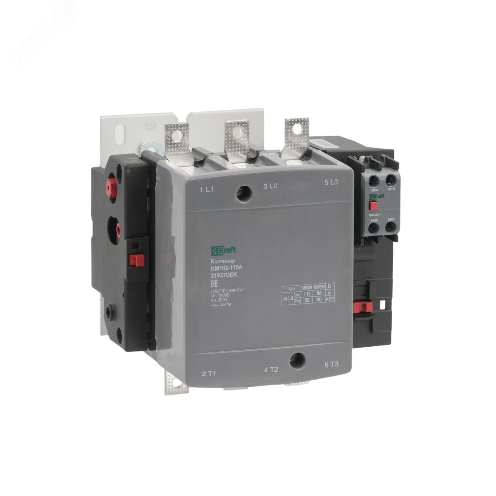 Изображение товара Контактор 115А 220В AC3 AC4 КМ-102 Dekraft для монтажа на DIN-рейку