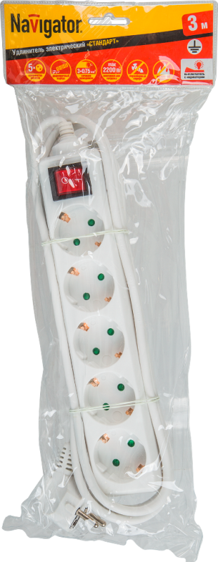 Изображение товара Удлинитель бытовой с выключателем 5 розеток 5м заземление IP20 белый Navigator