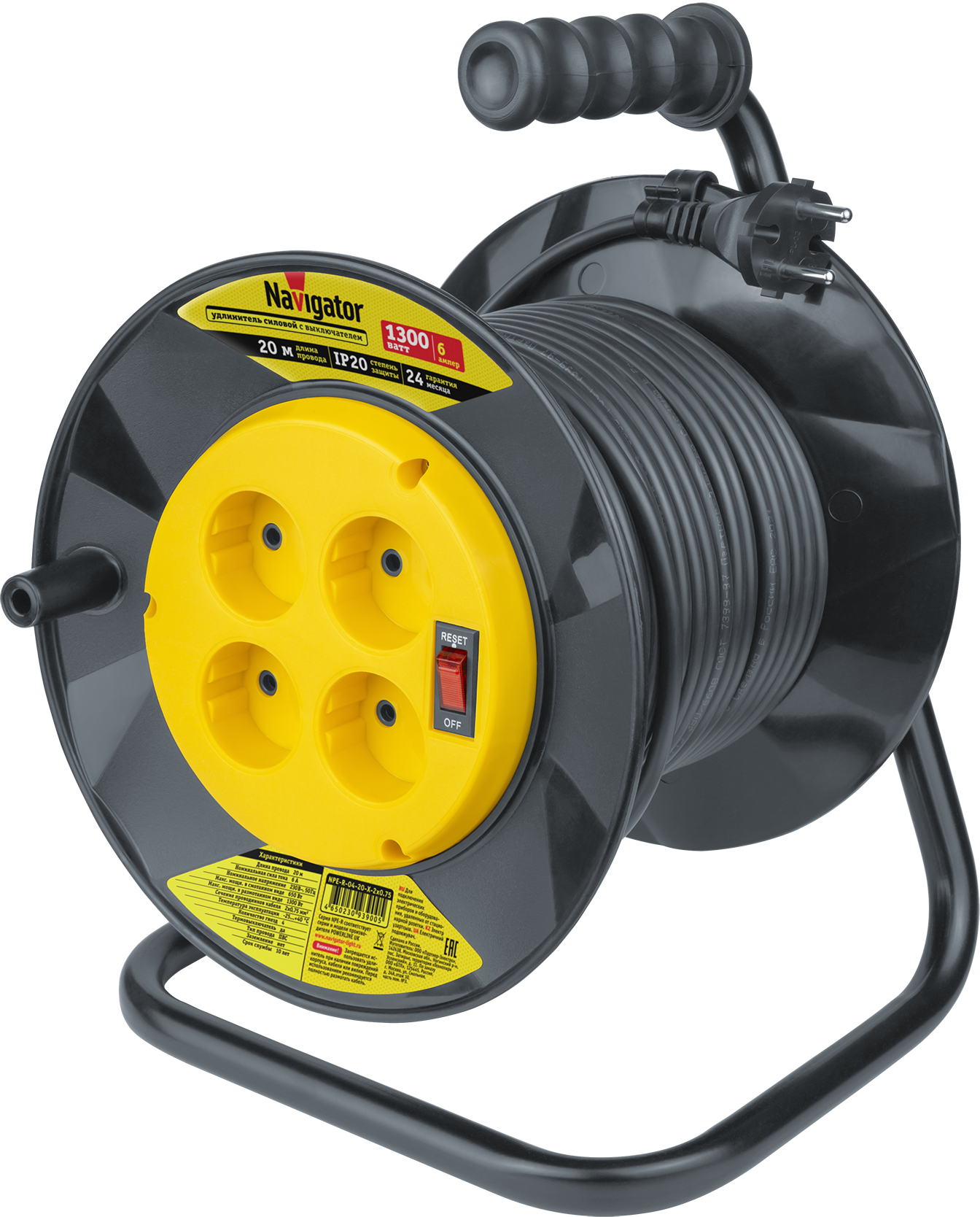 Удлинитель силовой NPE-R-04-20-X-2x0.75 на пластиковой катушке с термовыключателем 4 гнезда б/з 20м ПВС 2х0,75 1300 Вт IP20