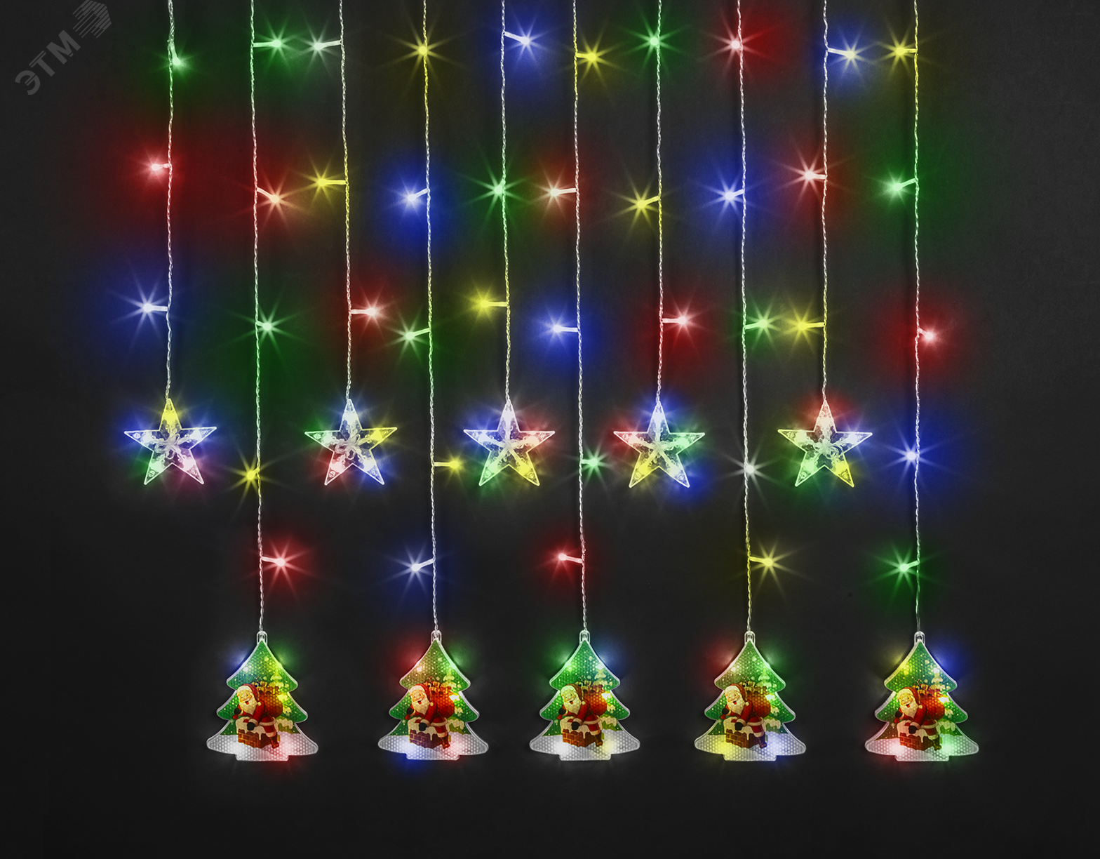 Изображение товара Новогодняя светодиодная гирлянда бахрома звезды и елки RGBY 3x0.6 м IP20