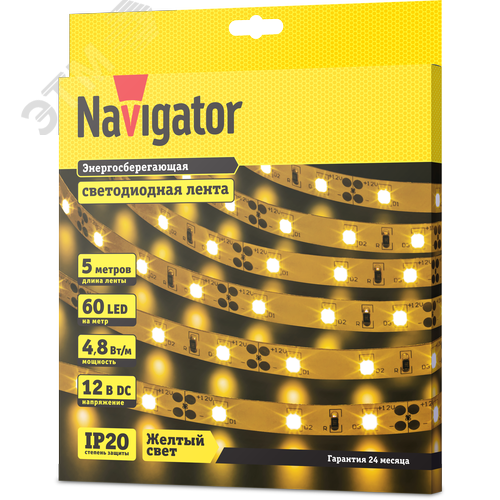 Лента светодиодная 4.8Вт/м 12В желтый IP20 60LED/м NLS-3528 5м - фото 2