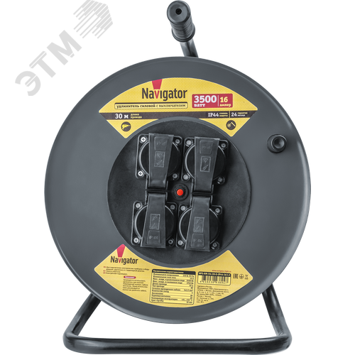 Удлинитель силовой NPE-RM-04-30-E-IP44-3x1.5 на металлической катушке с термовыключателем 4 гнезда c/з 30м КГ 3х1,5 3500 Вт IP44 - фото 2