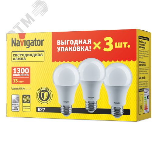 Лампа светодиодная 13вт NLL-A60-13-230-4K-E27-PACK3 - фото 1