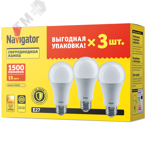 Лампа светодиодная 15вт NLL-A60-15-230-2.7K-E27-PACK3 - фото 1
