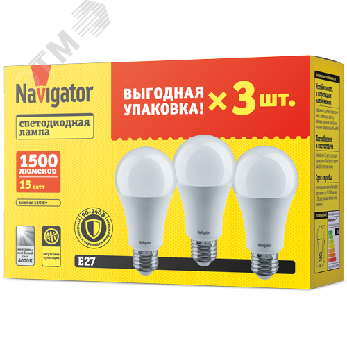Лампа светодиодная 15вт NLL-A60-15-230-4K-E27-PACK3 - фото 1