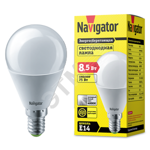 Лампа светодиодная LED 8.5вт Е14 белый шар (61334 NLL-G45)