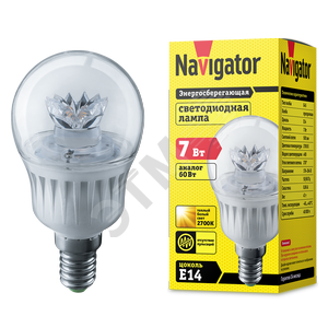 Лампа светодиодная LED 7вт Е14 теплый прозрачная шар 71856 NLL-G45 Navigator Group